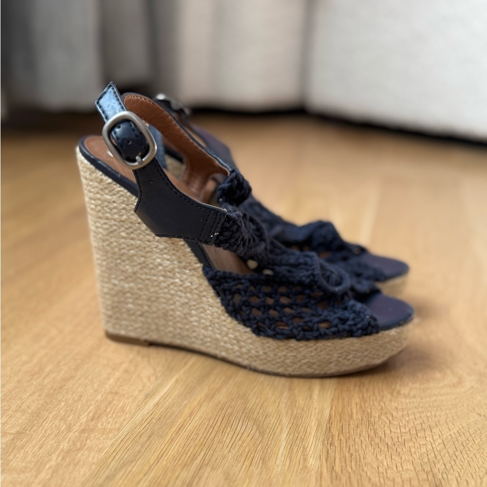 Lucky Brand Blue and Tan Wedge Sandals with Ankle Strap